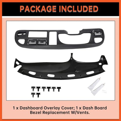 ECOTRIC Dash & Bezel Cover Compatible with 1998-2002 Dodge Ram 1500 2500 3500 Trucks Black Dashboard Bezel Replacement W/Vents & Grey Dash Cover (You Will Receive 2 Packages) - size: Dash Bezel W/ Vents & Dashboard Cover