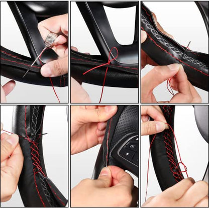 SEG Direct Genuine Leather Steering Wheel Cover, Stitch On Wrap, 15 Inch Steering Wheel Wrap for Car Truck SUV Pickup Boat, DIY Sewing with Needle Thread, Black with Red Thread - color: Black with Red Thread
