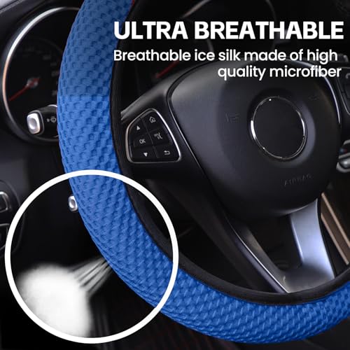 Elastic Stretch Car Steering Wheel Cover, Comfortable Steering Wheel Cover Universal for 14.5-15 Inch, Warm in Winter & Cool in Summer, Anti-Slip Breathable Ice Silk (Blue) - color: Blue