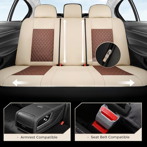 Coverado Car Seat Covers Full Set, Beige Brown Car Seat Covers, Luxury Diamond Leather Car Seat Cover with Carbon Fiber Weave, Spill-Proof Seat Cushions, Automotive Seat Cover Universal Fit Most Cars - color: BeigeBrown, size: Full set