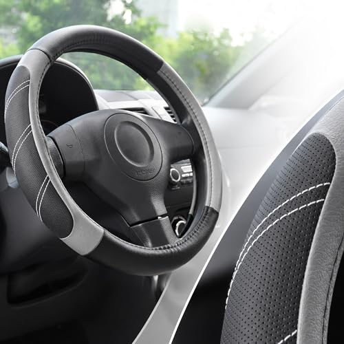 Elantrip Microfiber Leather Steering Wheel Cover for 14.5" to 15" Wheels, Soft Padded Grip, Textured Anti-Slip Inner Lining, Breathable Comfort for Cars, SUVs and Trucks, Black/Gray - color: Black and Gray, size: 14 1/2 - 15 Inch