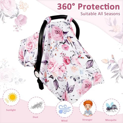 Baby Car Seat Cover, Breathable Infant Carseat Cover for Summer Peekaboo Opening Car Seat Canopy Cover, Nursing Cover for Baby Boys Girls (Pink Floral) - color: Pink