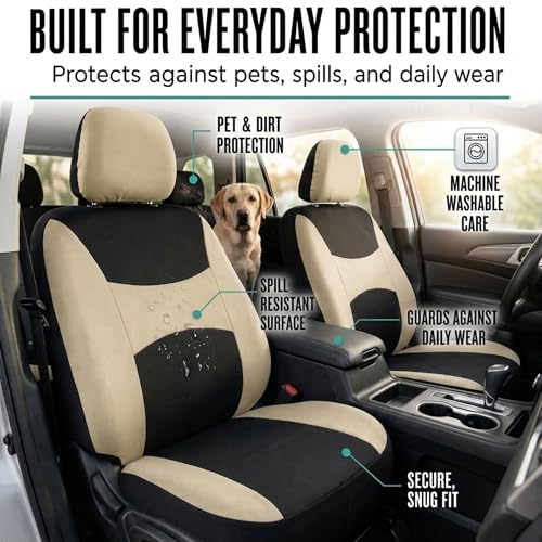 Automotive Seat Covers Beige Black Universal Fit Seat Cover Combo Set with Steering Wheel Cover and Seat Belt Pad (Airbag Compatible and Split Bench) - color: Beige/Black