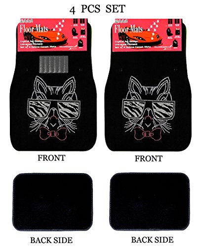 Universal Fit Car Truck Front/Rear 4-Piece Full Set Crystal Bling Rhinestone Studded Black Carpet Floor Mats (Cat Sunglass/Black) - color: Cat Sunglass/Black