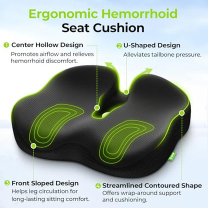AUVON Ergonomic Donut Pillow Seat Cushion for Hemorrhoid & Tailbone Pain Relief, Thick Memory Foam Chair Cushion with Firm Support for Coccyx, Sciatica, Pressure Sores, Pregnancy, Postpartum Recovery