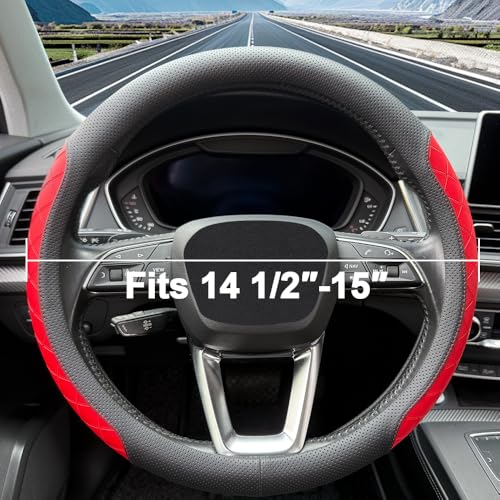 LKWLIKEI Nappa Leather Steering Wheel Cover, Elegant Diamond Checkered Design, Non-Slip wear-Resistant, Enhance Driving Comfort, Suitable for Steering Wheel Diameter 14 1/2‘-15’ Models .Black Red - color: Black Red