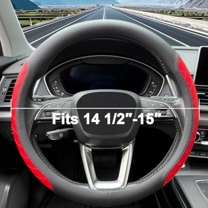 LKWLIKEI Nappa Leather Steering Wheel Cover, Elegant Diamond Checkered Design, Non-Slip wear-Resistant, Enhance Driving Comfort, Suitable for Steering Wheel Diameter 14 1/2‘-15’ Models .Black Red - color: Black Red