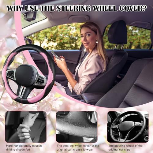 Car Steering Wheel Cover 2025, Universal Auto PU Cute Breathable Slip-Proof Comfort Imitation Leather Protector Cars Interior Accessories for Women Men Fit Most Vehicle (Pink)