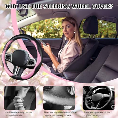 Car Steering Wheel Cover 2025, Universal Auto PU Cute Breathable Slip-Proof Comfort Imitation Leather Protector Cars Interior Accessories for Women Men Fit Most Vehicle (Pink)