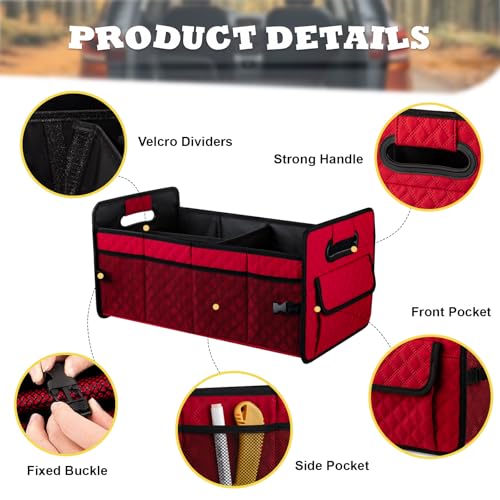 Car Trunk Organizers and Storage for SUV, Collapsible Multi Compartment Container Box Adjustable Car Accessories for Women Men, Red