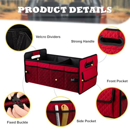 Car Trunk Organizers and Storage for SUV, Collapsible Multi Compartment Container Box Adjustable Car Accessories for Women Men, Red