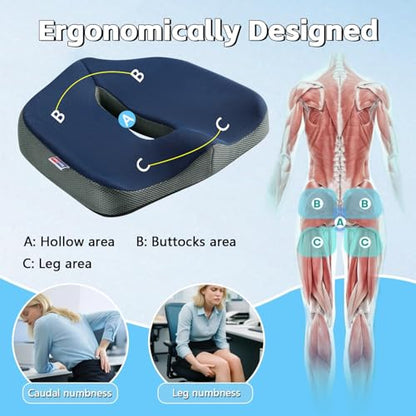 Seat Cushion for Tailbone Pain Relief, Memory Foam Coccyx Cushion for Office Chair & Car, Ergonomic Chair Pad with Non-Slip Cover & Handle, Sciatica Relief for Gaming Chair (Blue)