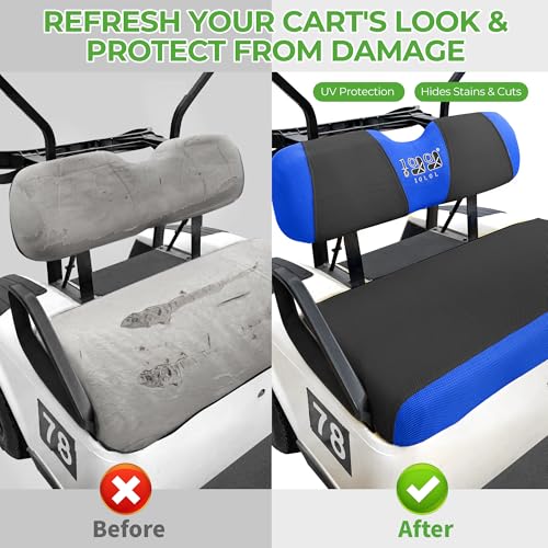 10L0L Golf Cart Seat Covers, Super Comfort Cooler Than Vinyl Seat Cover, Front and Rear Seat Cover for Yamaha EZGO Club Car, No Drilling Breathable Mesh Bench Seat Blanket, Machine Washable - color: Black + Blue, style: Front Seat - For EZGO TXT & RXV & C