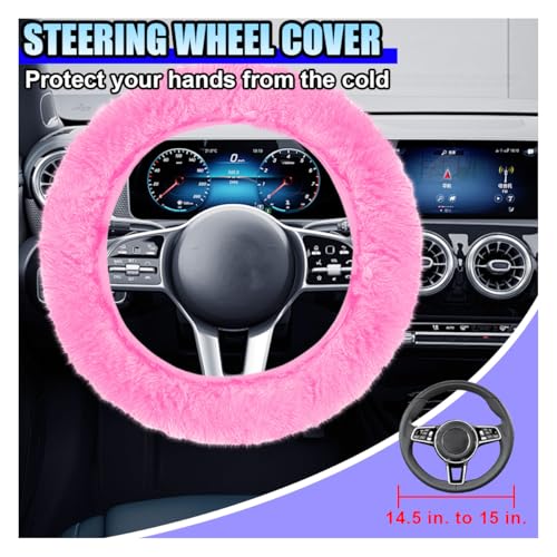 10PCS Fluffy Car Accessories Set, Furry Steering Wheel Cover with Warm Fuzzy Gear Shift Cover Ball Keychain Handbrake Cover Console Seat Belt Shoulder Pads & Diamond Ignition Ring Cup Mats (Pink) - color: Pink
