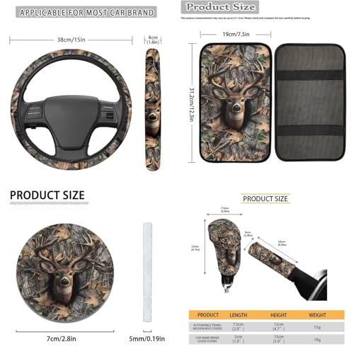 16 Pcs Car Seat Cover Full Sets, Deer Camouflage Hunting Printed Soft Car Front Rear Seat Covers with Steering Wheel Cover Center Console Covers Seatbelt Pads Head Rest Protector Coaster - color: Brown - Deer Camouflage Hunting