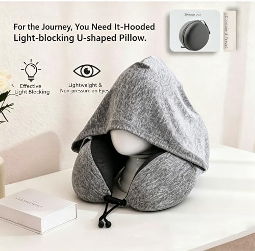 Portable Travel Neck Pillow with Hood and Storage Case, Memory Foam Airplane Pillow for Long Flights, Adjustable Chin Support & Removable Washable Cover for Car, Office, Train, Gift for Men and Women