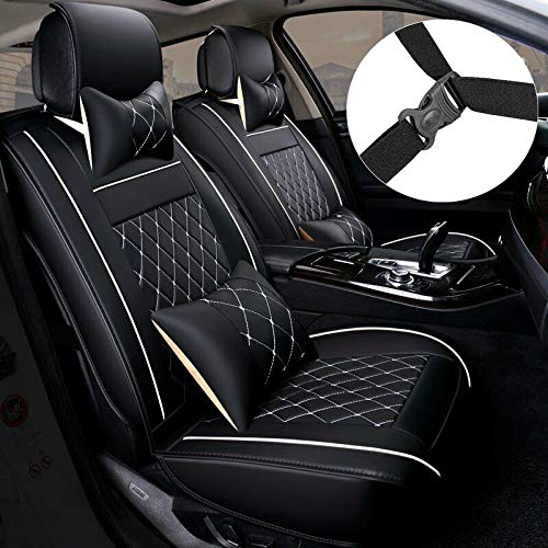 Universal PU Leather Car Seat Cover Full Set 5-Seat Front&Rear Cushions Full Seat with Pillows Fit for SUV Truck Van Year Round Use (Black/White Line) - color: Black/White Line