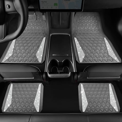 CAR PASS Bling Diamond Car Mats Gray Rubber Floor Mats Full Set Anti-Slip 3D Rhombus Waterproof Trim to Fit Liner Universal Glitter Crystal Sparkly Shining Rhinestone Girl Women SUV Sedan Van All Gray - color: Gray Rubber