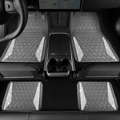CAR PASS Bling Diamond Car Mats Gray Rubber Floor Mats Full Set Anti-Slip 3D Rhombus Waterproof Trim to Fit Liner Universal Glitter Crystal Sparkly Shining Rhinestone Girl Women SUV Sedan Van All Gray - color: Gray Rubber