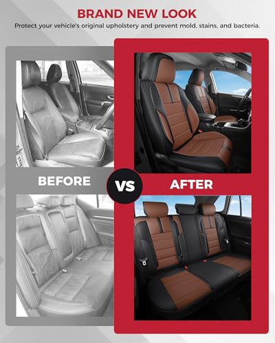 FREESOO Universal Full Seat Covers, Waterproof Faux Leather Automotive Seat Covers with Carbon Fiber Texture Seat Belt Pads, Anti-Slip Airbag Compatible Car Seat Covers for Cars SUVs Trucks - color: Black Brown, size: Full Set - 5 Seats