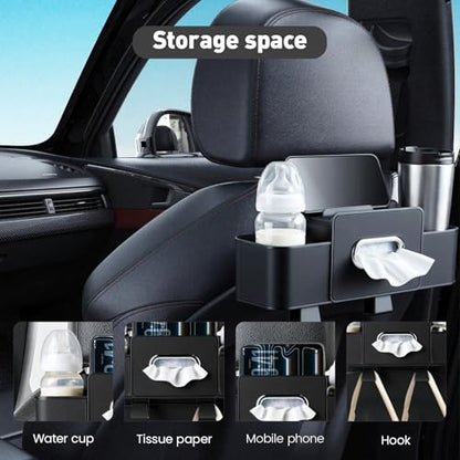 2 Pack Back Seat Car Organizer, Multifunctional Car Organizer Seat Back, with Tissue Box Holder, 2 Cup Holders & 2 Cup Hooks for Phone, Drinks, Toy, Snacks for Keeping Cars Tidy, Fits Most Vehicles