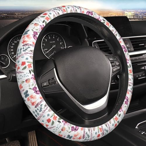 Nature Flowers Steering Wheel Cover for Women Elastic Rubber Steering Wheel Universal 15 Inch Fit for Cars, Auto, SUVs - color: Nature Flowers