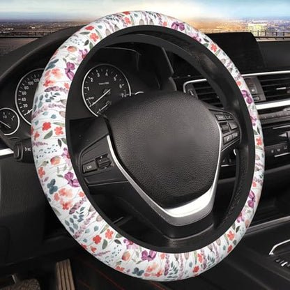 Nature Flowers Steering Wheel Cover for Women Elastic Rubber Steering Wheel Universal 15 Inch Fit for Cars, Auto, SUVs - color: Nature Flowers