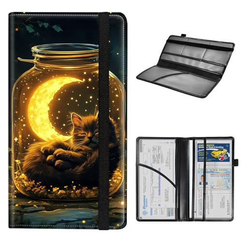 Car Registration and Insurance Holder for Women Men,Automobile License Document Card Holders Vehicle Glove Box Organizer Leather Accessories Driver Essential,Cat Moon Jar - color: Cat Moon Jar