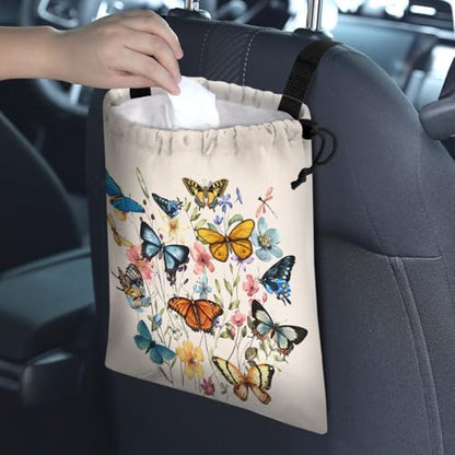 Car Trash Bag Hanging Back of Seat Waterproof Small Cute Printed One-Handed Strap Drawstring Garbage Bags for Car-Butterfly Wildflower - color: Butterfly Wildflower Car Trash Bag