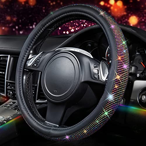 CAR PASS Diamond Leather Steering Wheel Cover, with Bling Crystal Rhinestones Fit Suvs,Vans,Sedans,Cars,Trucks Universal Fit 14.5-15inch Crystal Glitter for Women Sparkle Girl, Multicolor Diamond - color: Colorful Diamond