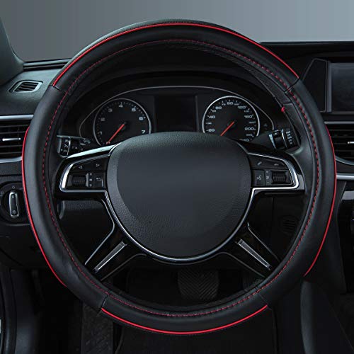 Car Pass Colour Piping Leather Steering Wheel Cover,Perfectly fit for 14.5-15 inches for Various Vehicles SUVs,Vans,Sedans,Cars (Black & Red) - color: Black and Red
