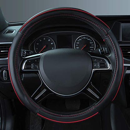 Car Pass Colour Piping Leather Steering Wheel Cover,Perfectly fit for 14.5-15 inches for Various Vehicles SUVs,Vans,Sedans,Cars (Black & Red) - color: Black and Red