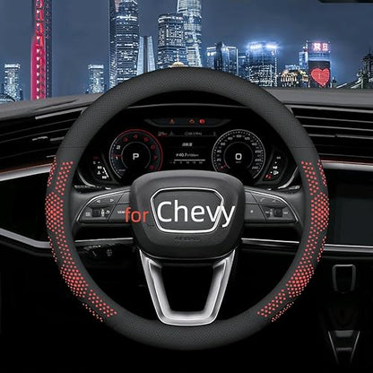 Leather Steering Wheel Cover for Chevy Silverado 1500 2500 3500, 14.5-15 inches Car Steering Wheel Cover with Non-Slip Breathable (Red) - color: Red