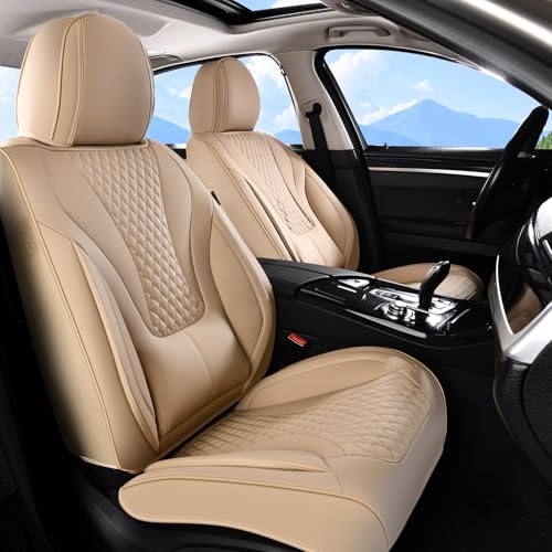 Coverado Waterproof Nappa Leather Car Seat Covers, Automotive Seat Covers，Front Car Seat Cushion & Car Seat Protector, Beige Seat Covers Universal Fit for Most Cars, SUVs, Trucks - color: Beige-N, size: Front