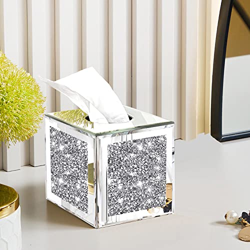 Wocred Square Mirrored Tissue Box Cover,Crystal Crushed Diamond Tissue Box,Silver Luxury Tissue Holders for Either Tissues in a Bathroom or Napkins on a Table.(5.5”x5.5”x5.5”) - color: Silver Diamond