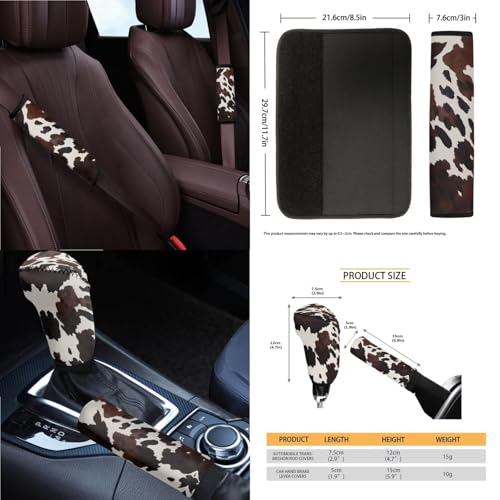 Wanyint Black Brown Cow Print 14 PCS Car Seat Cover Full Set with Steering Wheel Cover Seat Belt Strap Pads Cup Coasters Trash Bag Rearview Mirror Cover Armrest Cover Pad Handbrake Cover Set Car Decor - color: Black Brown Cow Print