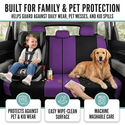 FH Group Full Set Car Seat Covers Cloth, Universal Fit combo, Set with Steering Wheel Cover and Seat Belt Pad fits Most Cars, SUVs, Trucks Purple - color: Purple