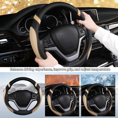 Cxtiy Pickup Truck Steering Wheel Cover – Sporty Fahsion Non-Slip Premium Leather Universal 15.5-16 Inch Steering Wheel Grip Set for Men Women (Beige) - color: Beige