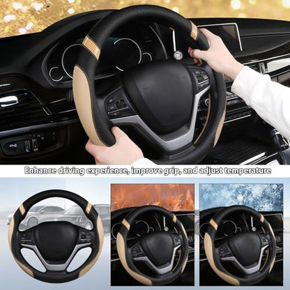 Cxtiy Pickup Truck Steering Wheel Cover – Sporty Fahsion Non-Slip Premium Leather Universal 15.5-16 Inch Steering Wheel Grip Set for Men Women (Beige) - color: Beige