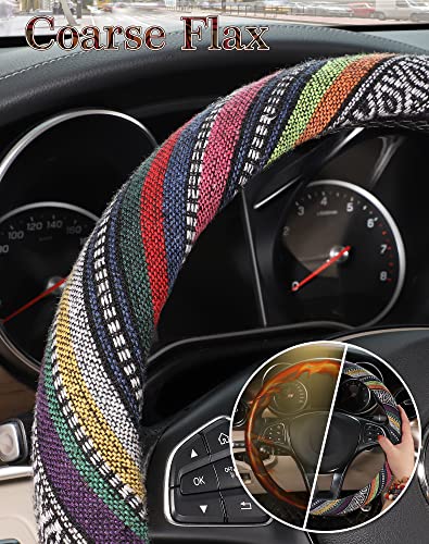 SEG Direct Boho Steering Wheel Cover with Baja Blanket Cloth, Ethnic Style Auto Wheel Cover Made of Coarse Flax, Fits 14 1/2-15 1/4 inches Car Wheel - color: Colorful Windmill
