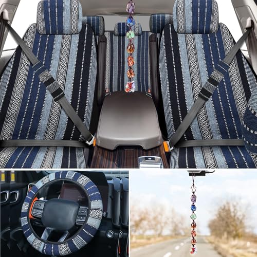 Frienda Baja Saddle Blanket Car Seat Covers Full Set Multicolor Stripe Boho Steering Wheel Cover Seat Belt Pads Crystal Hanging Ornament Automotive Interior Universal Fit Most Cars (Retro Style) - style: Retro Style
