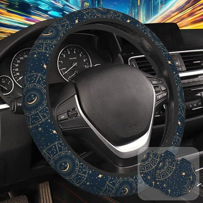 Astrology Moon Star Steering Wheel Cover with 2 Pcs Car Coasters Neoprene Steering Wheel Cover for Women Men Anti-Slip Breathable Car Accessories Universal 15 Inch Fit Auto Cars Trucks - color: Astrology Moon Star