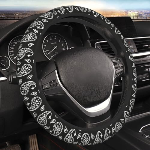 Boho Bohemian Paisley Black and White Car Steering Wheel Cover,Non-Slip Elastic Neoprene-Sweat Car Accessories,Universal 15 Inch Fit Auto, Vans Trucks,Suvs, Truck - color: Paisley