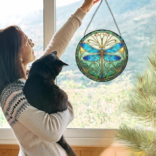 Blue Dragonfly Stained Glass Window Hanging, Dragonfly Suncatcher, Inset and Plant Suncatchers Sun Catchers Indoor Window Glass Wall Art Decor for Women Mom Grandma, 7.9x7.9in