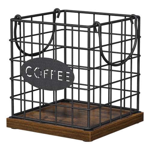 YINMIT K Cup Holder Organizer, Rustic Coffee Pod Holder Organizer, 35 Kcup Holder for Counter with Handle，Large Capacity Black Wire Coffee Capsule Basket for Kitchen Office Desktop (Square Grid) - color: Retro-Square with Handle