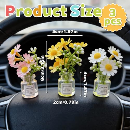3-Pack Daisy Flower Car Decor, Cute Dashboard Mini Vase Set, for Rearview Mirror Cup Holder Desk Home Interior