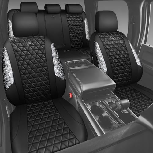 CAR PASS Bling Diamond Leather Car Seat Covers Full Seats Interior Sets, Waterproof Shining Glitter Sparkly Crystal Universal Armrest Fit Automotive Truck SUV Cute Women Girl, Black Silver Rhinestone - color: Silver Rhinestone, size: Full Set