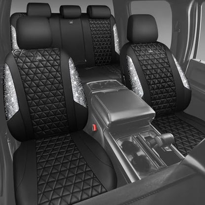 CAR PASS Bling Diamond Leather Car Seat Covers Full Seats Interior Sets, Waterproof Shining Glitter Sparkly Crystal Universal Armrest Fit Automotive Truck SUV Cute Women Girl, Black Silver Rhinestone - color: Silver Rhinestone, size: Full Set