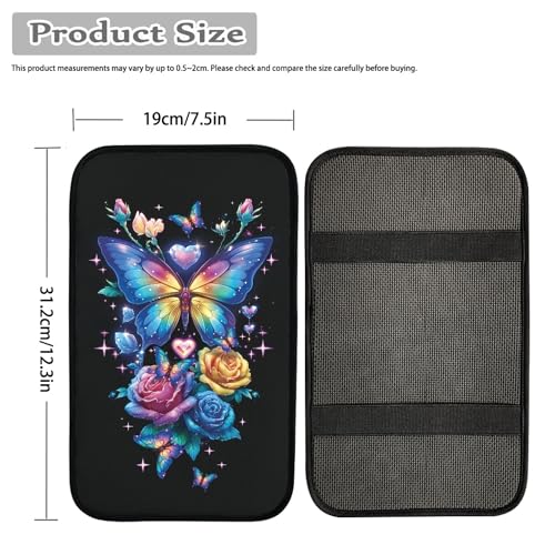 Colorful Butterfly Rose Print Car Center Console Cover Pad, Universal Armrest Seat Box Cover,Auto Armrest Cover Protector - color: Colorful Butterfly Rose