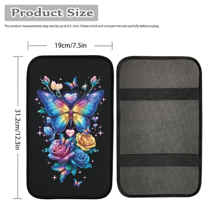 Colorful Butterfly Rose Print Car Center Console Cover Pad, Universal Armrest Seat Box Cover,Auto Armrest Cover Protector - color: Colorful Butterfly Rose